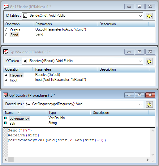 In this procedure, GetFrequency(), the IO Tables for Send and Receive are used.